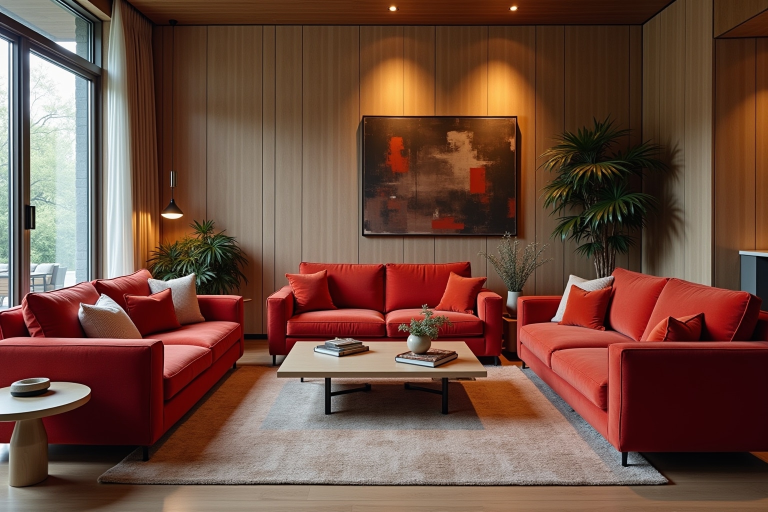 Wohnzimmer mit roten Couches gestalten